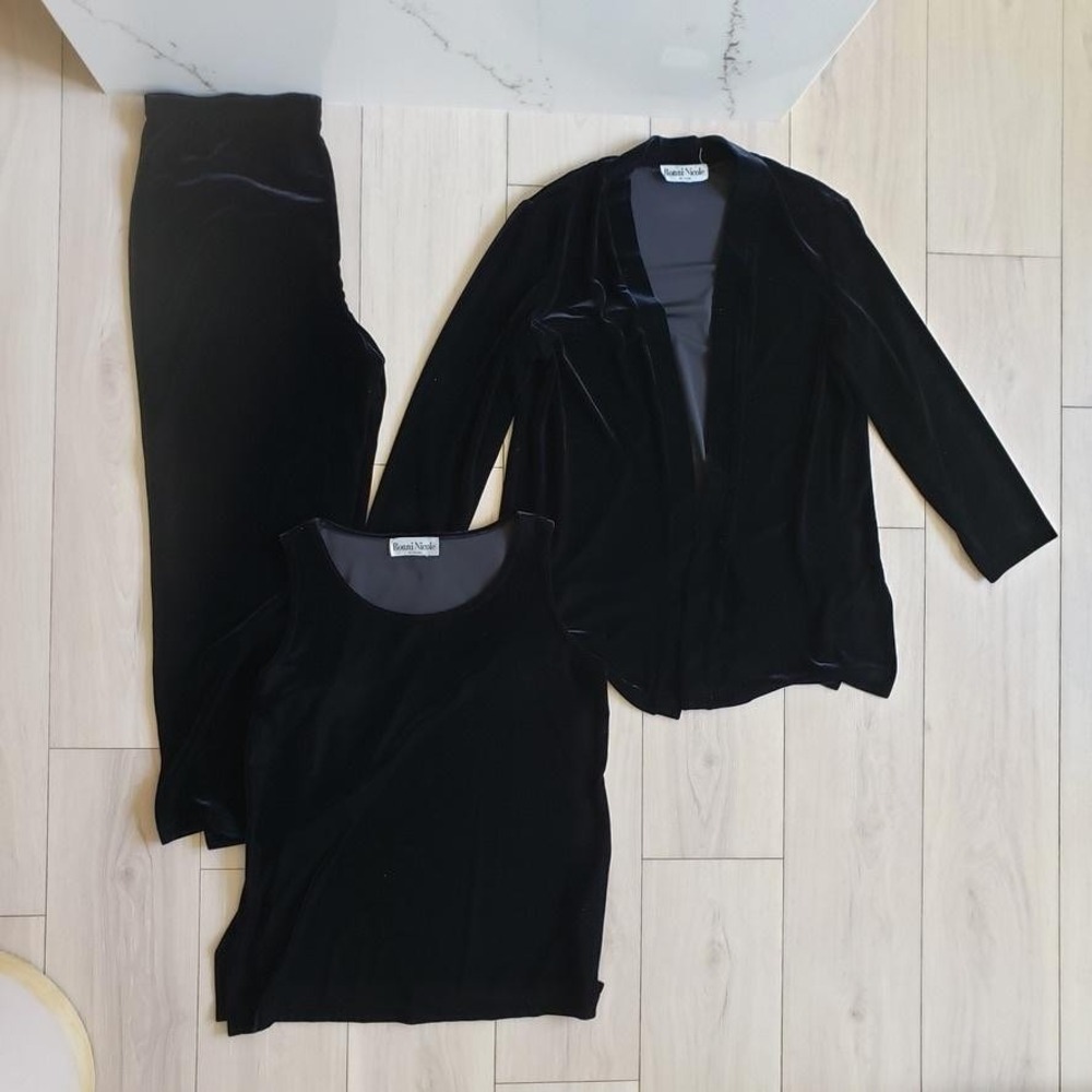 VTG Ronni Nicole Pant Suit Womens 14 Black Velvet Jacket Tank 3 Piece Set USA
